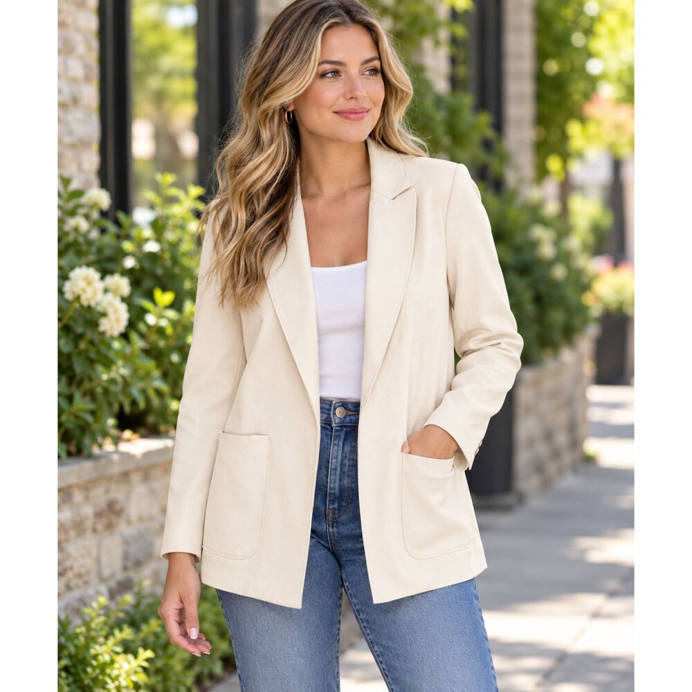 New Premise Studio Womens Size Medium Soft Cream Faux Suede Blazer Jacket Open